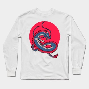 asian japanese dragon with red circle in background Long Sleeve T-Shirt